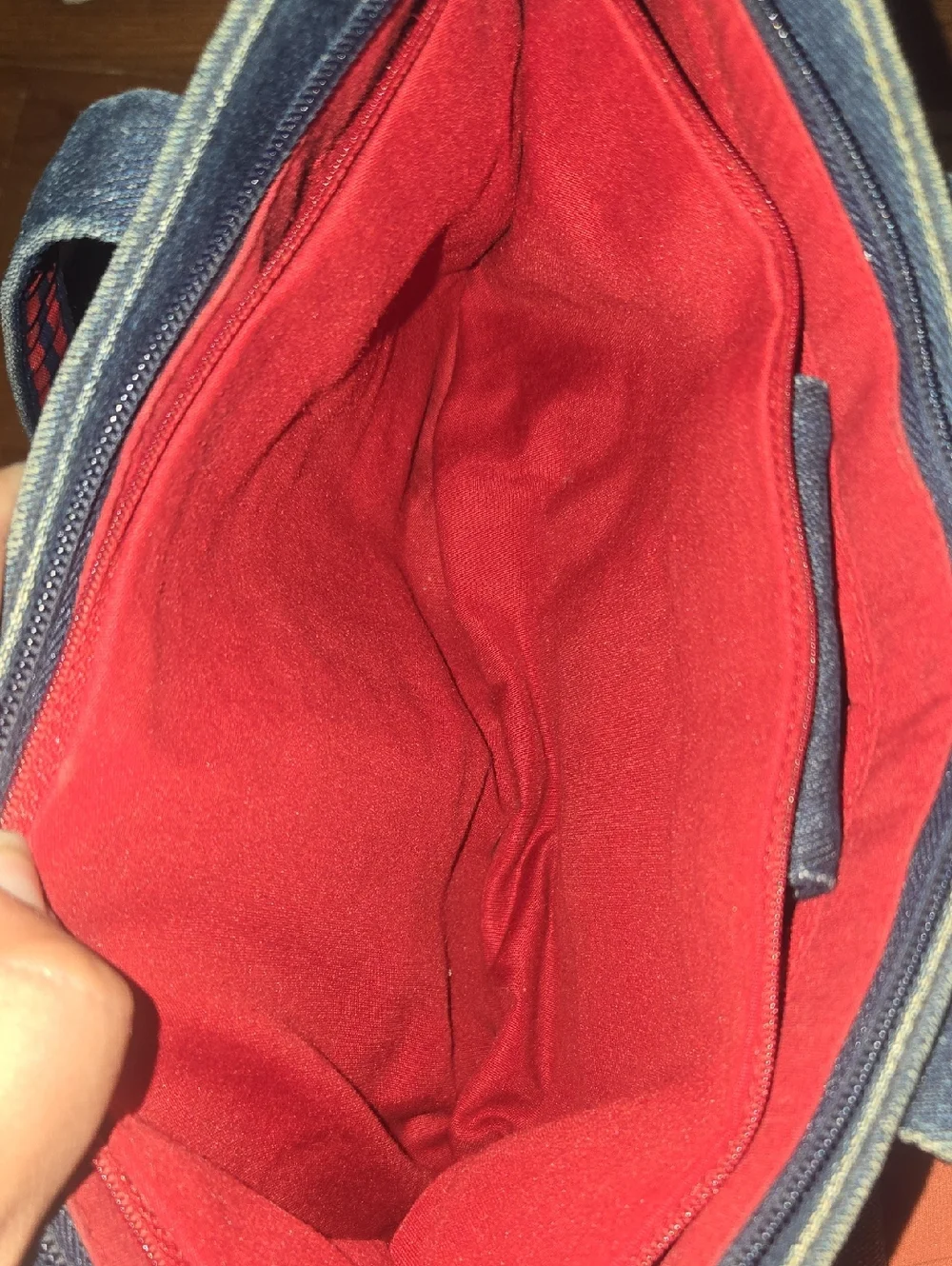 Denim Tote Bag with Red Stripe Handles - Picture 8 of 10